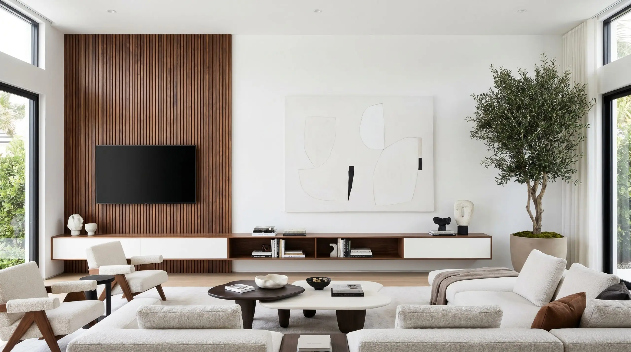 An asymmetric installation features a vertical zone of rich walnut slats anchoring an off-center television beside smooth white drywall and an oversized minimalist canvas.