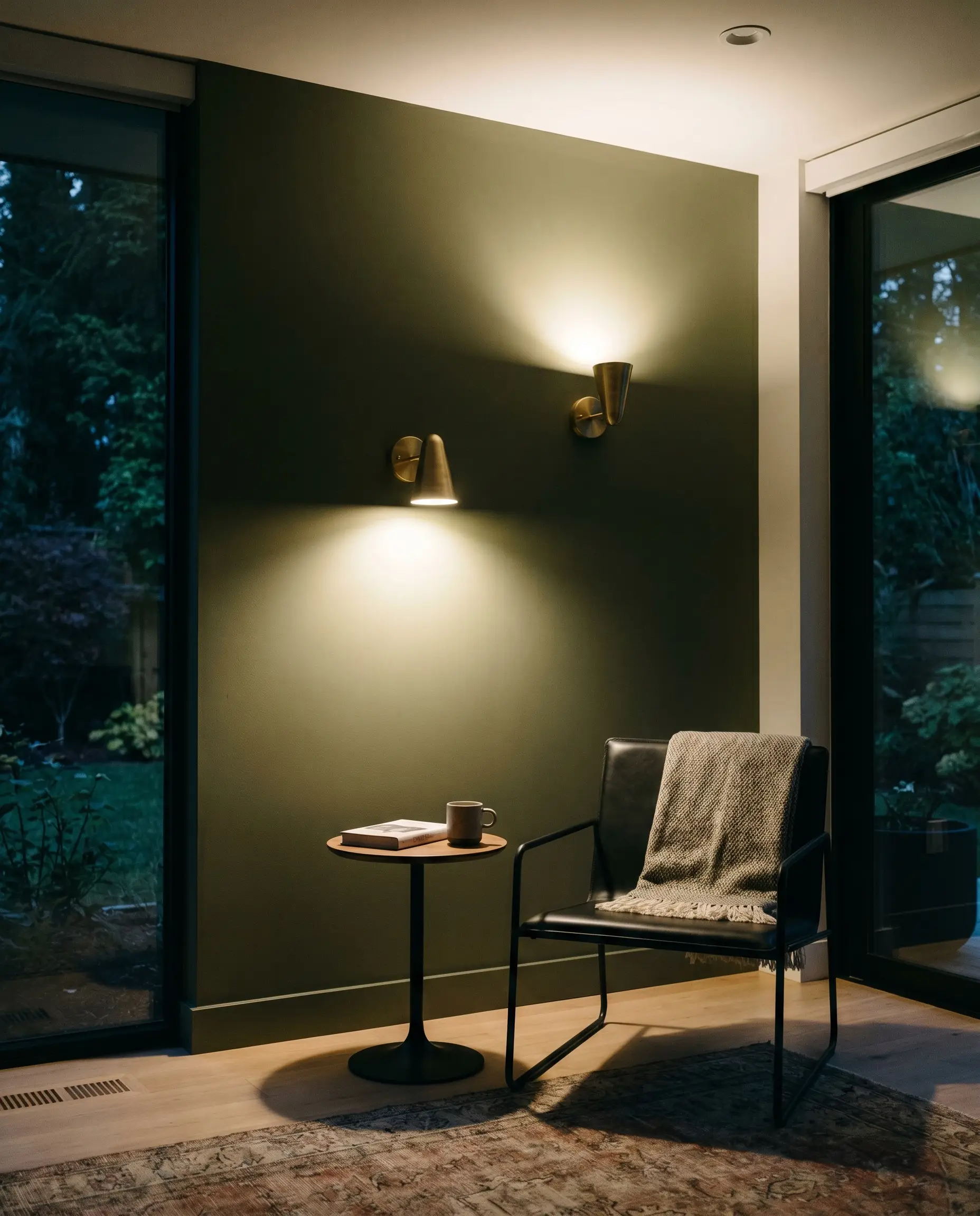 Unlacquered brass wall sconces cast warm directional light onto a flat matte green wall behind a black metal side chair and drink table.