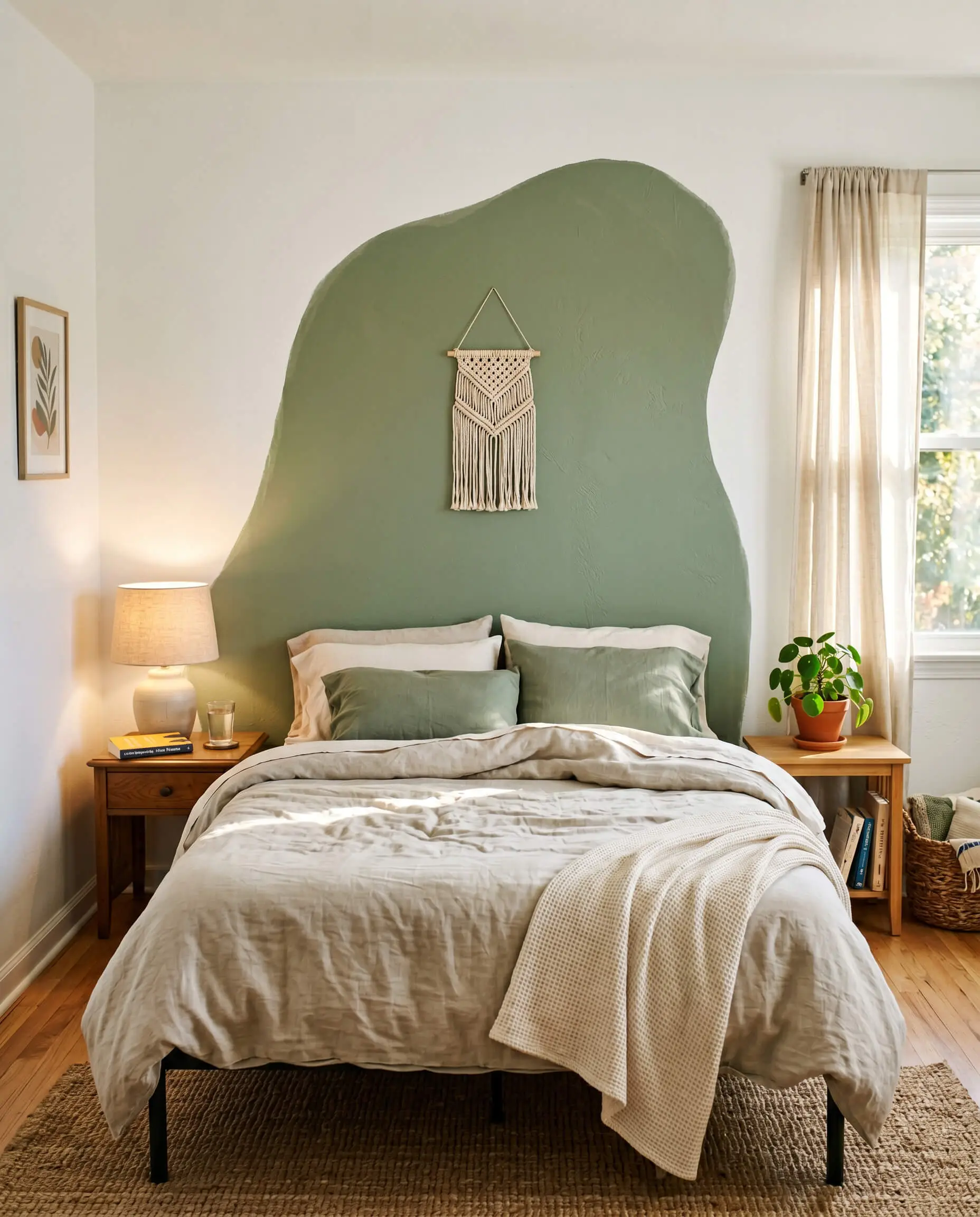A solid green asymmetrical arch painted directly onto standard white drywall acts as a visual headboard for a modest bed with casual linen bedding.