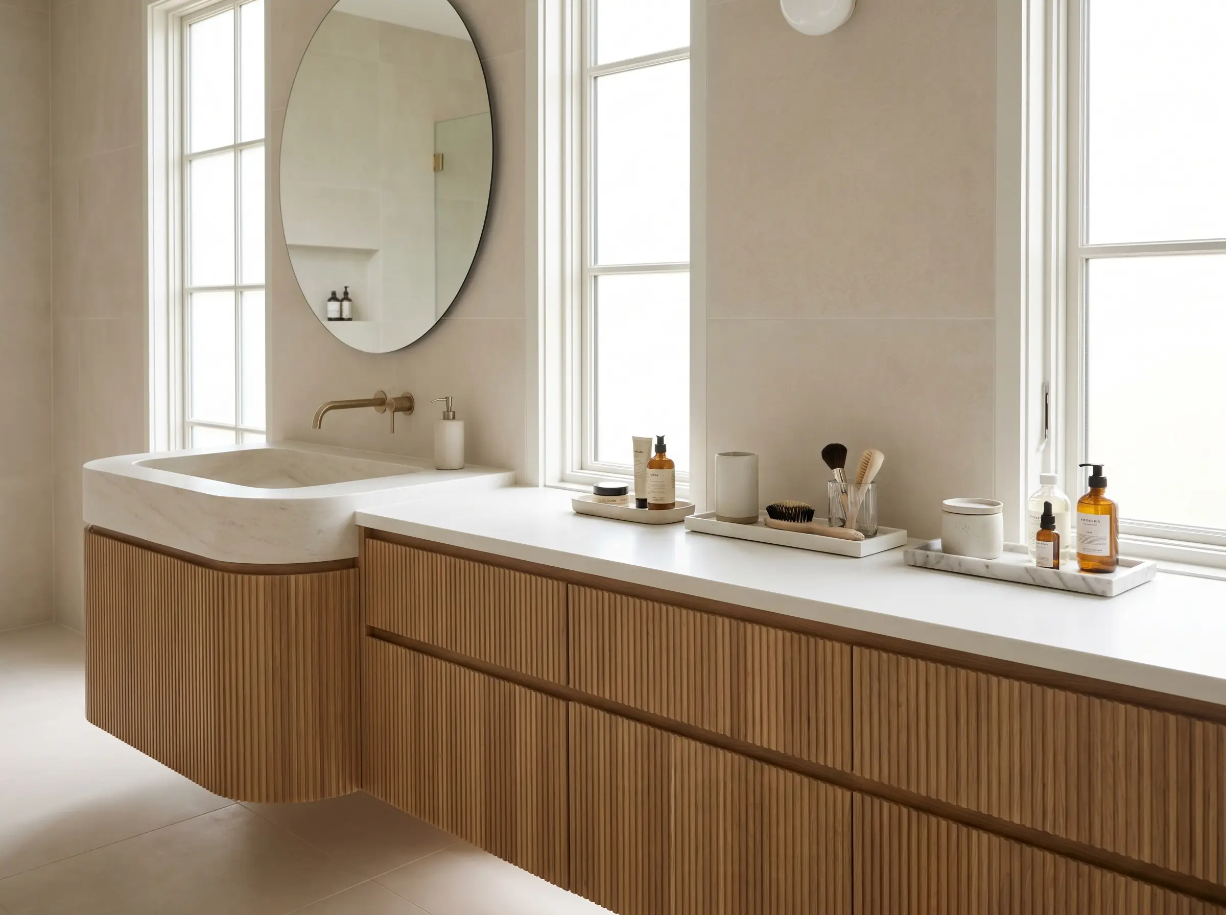 A sixty-inch asymmetrical bathroom cabinet features a single sink offset to the left alongside a long uninterrupted expanse of ribbed wood drawers.