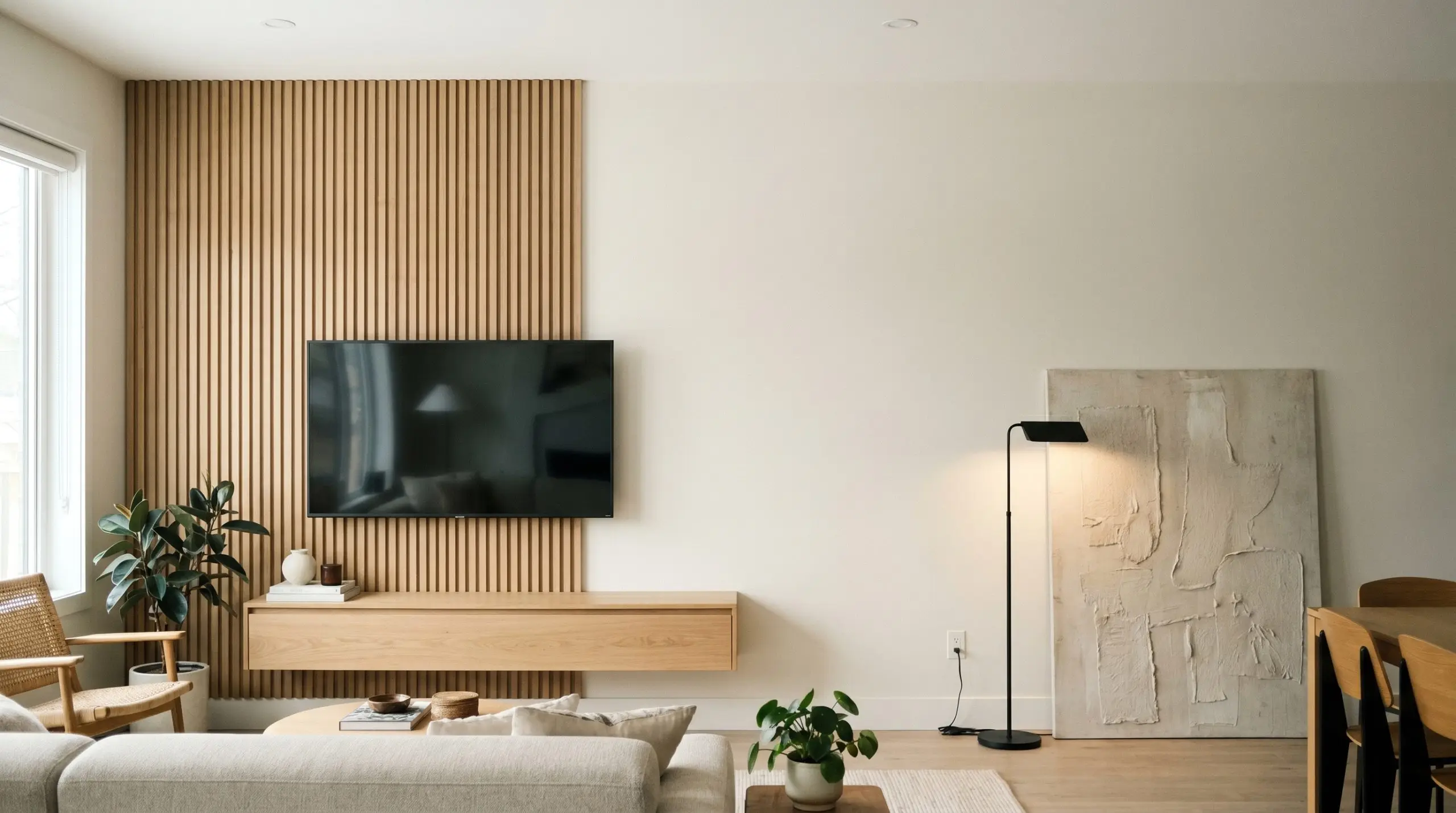 An asymmetrical slat wall made of white oak fluted detailing covers forty percent of an Alabaster painted living room beside a flat-screen television.