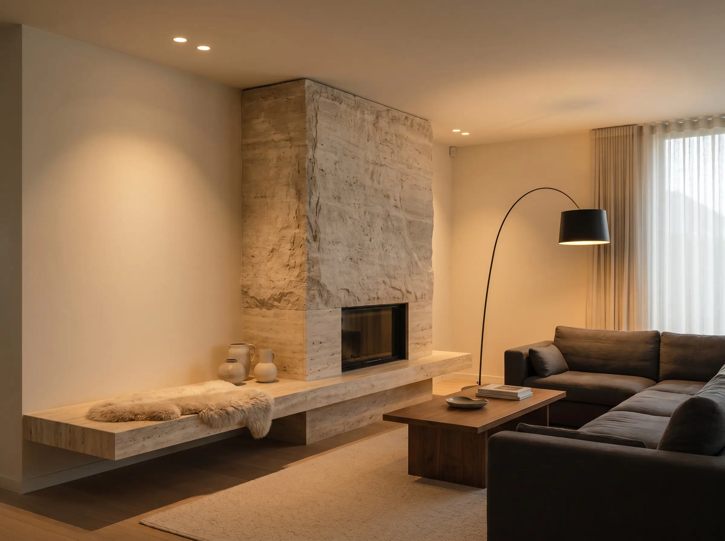 An asymmetrical travertine stone hearth extends past the firebox to form integrated seating beside a low-profile sofa and a tall black metal floor lamp.