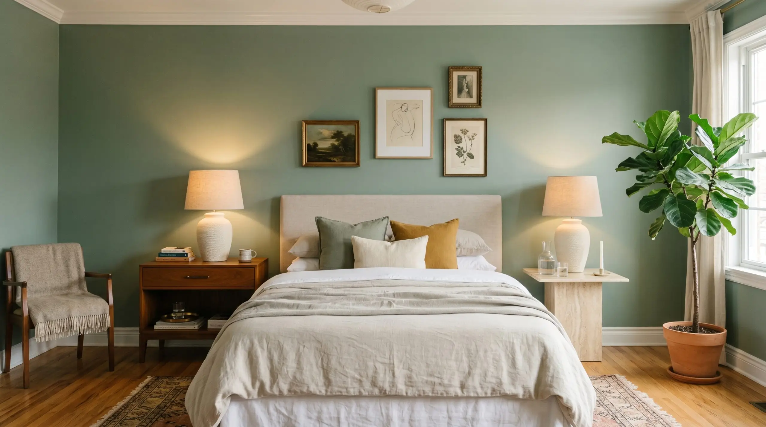 A warm wood drawer unit and a cream travertine plinth serve as asymmetrical nightstands holding matching cream ceramic lamps against sage green walls.