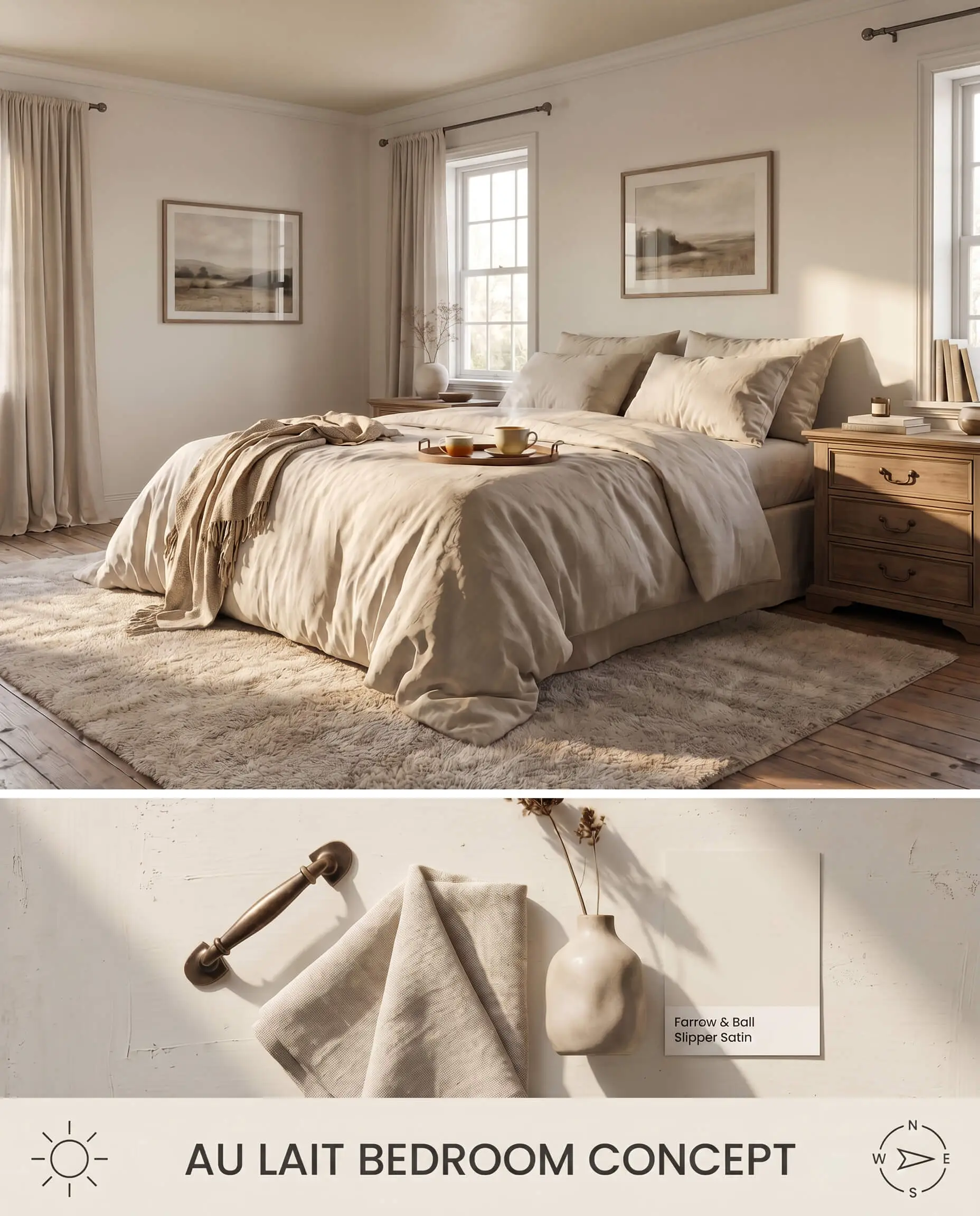 A split digital conceptual board for Au Lait featuring a sunlit bedroom above a flat-lay of antiqued bronze hardware and heavy linen textiles.