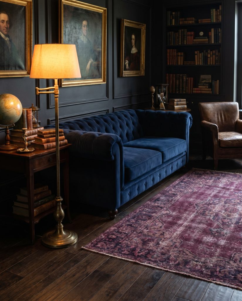 An overdyed deep plum vintage rug grounds a navy tufted velvet sofa and an unlacquered brass floor lamp in a dark academia living room.