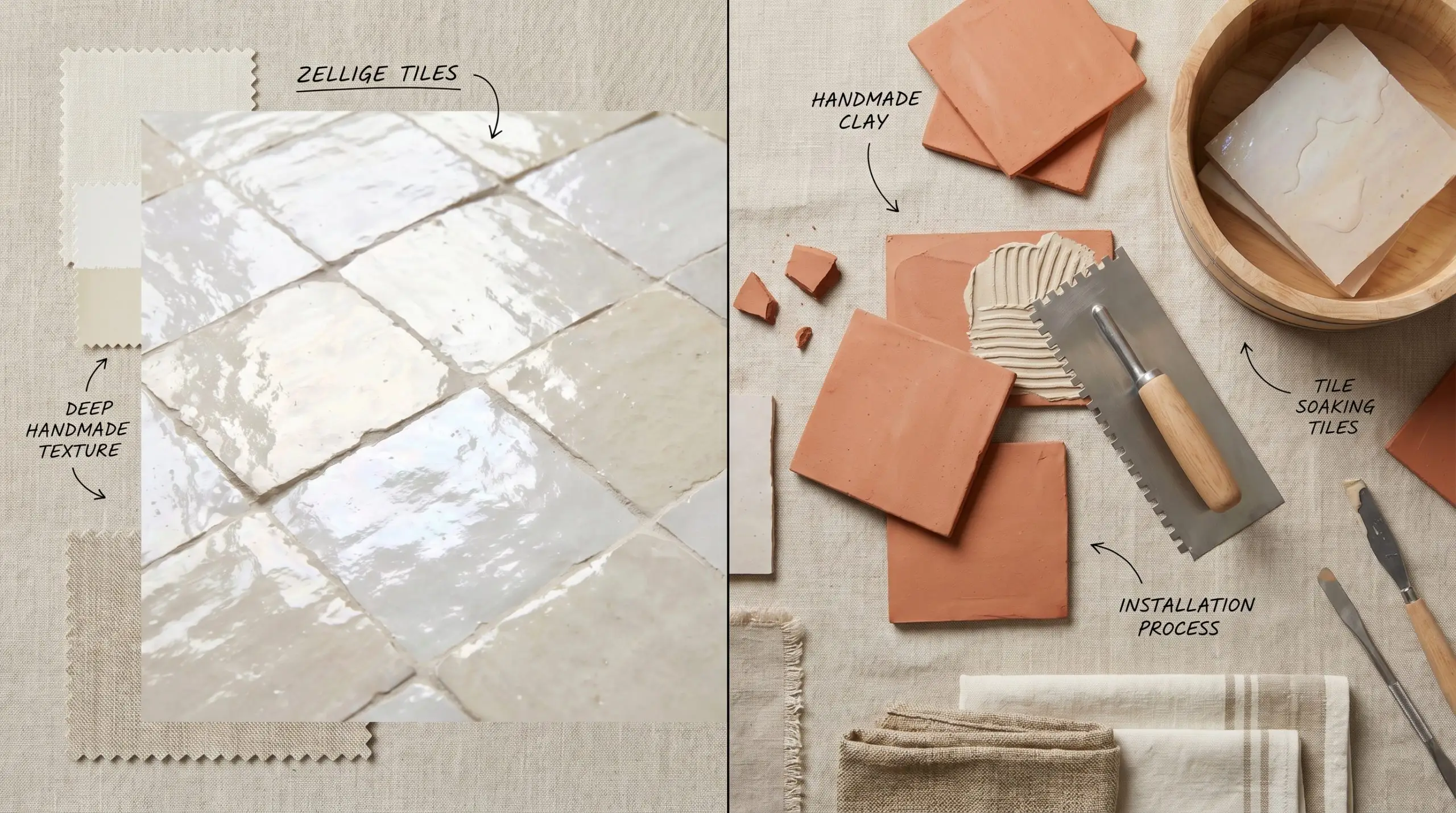 An editorial material flat-lay displays pristine glossy glazed clay tiles alongside a raw terracotta body, a tile setter's trowel, and a water tub.
