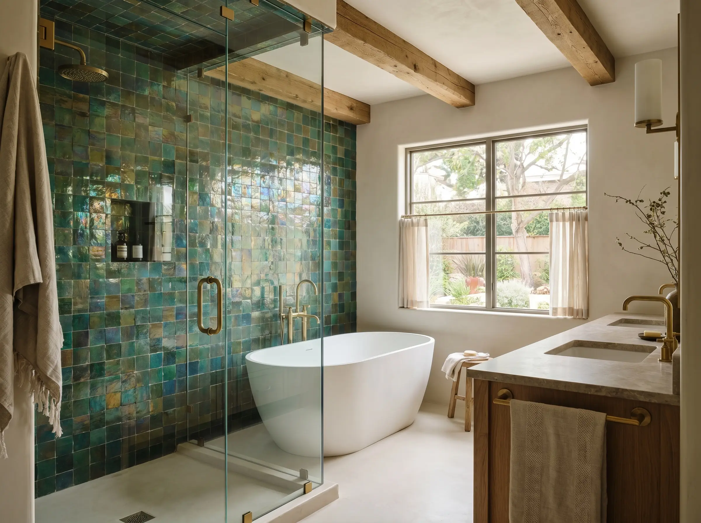 High-gloss authentic zellige tile shower enclosures contrast beautifully against dry-zone walls finished in Farrow and Ball School House White matte Tadelakt plaster.
