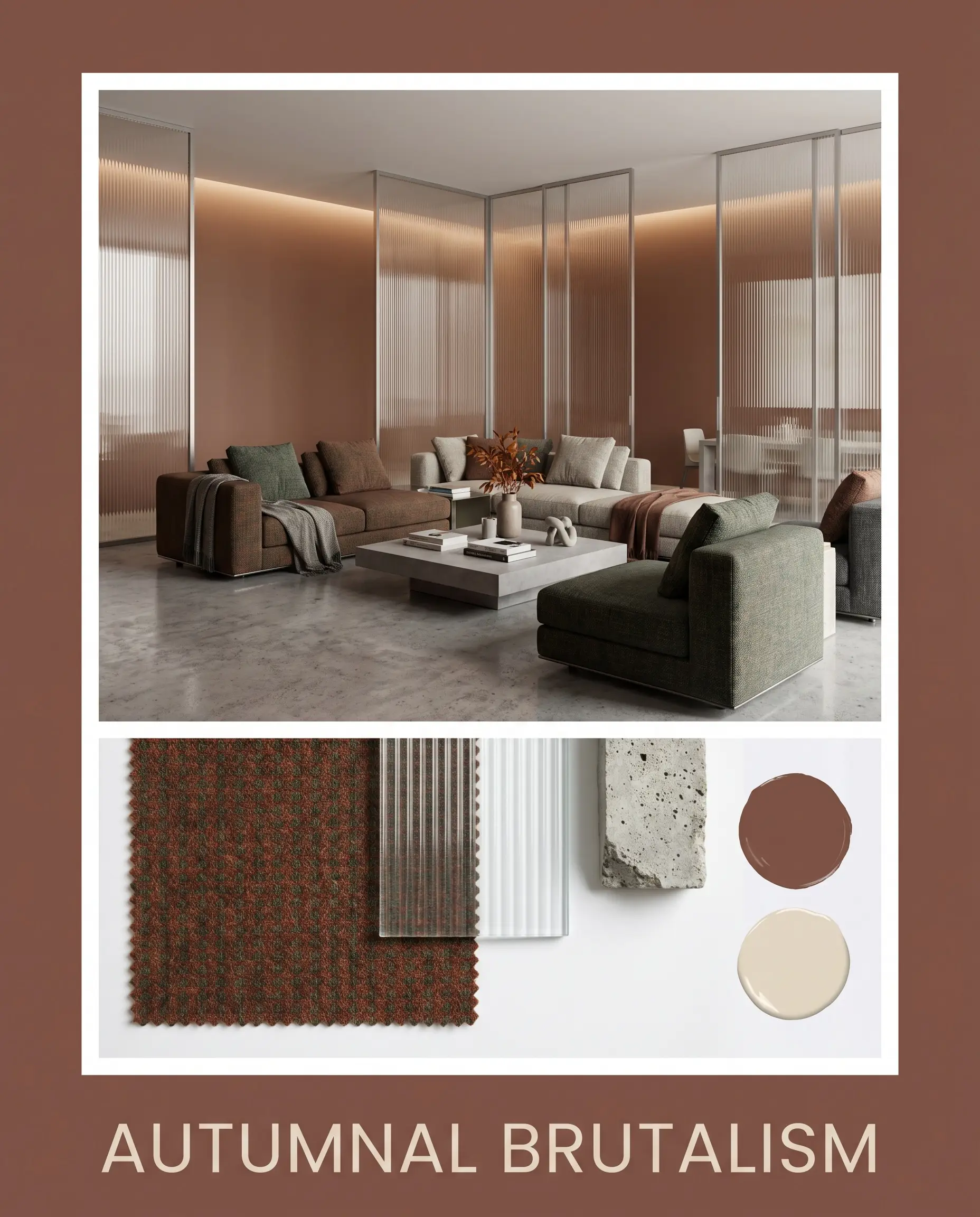 An editorial magazine layout pairs a rich intensity terracotta wall with poured concrete floors, fluted glass partitions, and worsted wool fabric swatches.