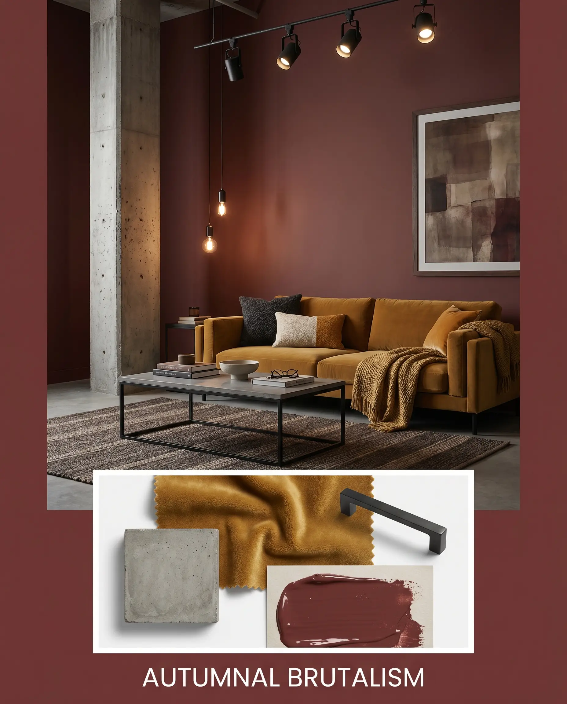 A poured concrete architectural column and mustard mohair sofa sit against an earthy crimson wall above a flat-lay of raw concrete, blackened steel, and fabric swatches.