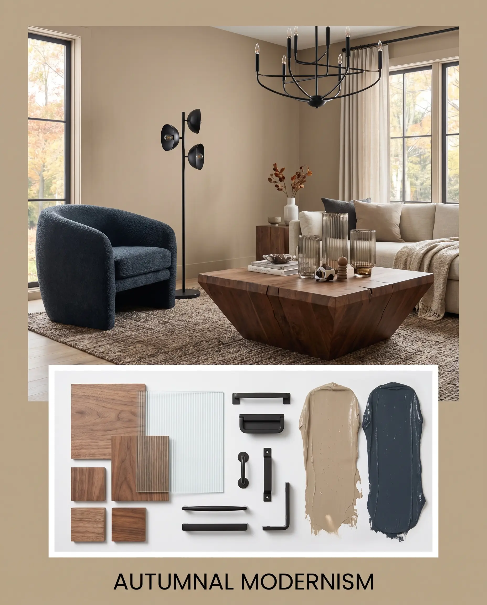An editorial magazine layout features a warm beige living room above a flat-lay of physical walnut wood samples, fluted glass, and matte black metal hardware.