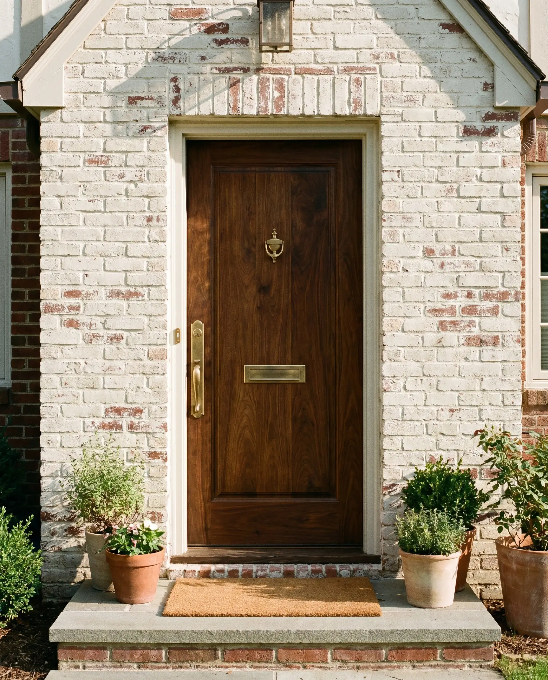 Chalky Avorio White limewash masonry surrounds a heavy solid walnut slab front door equipped with unlacquered brass hardware.