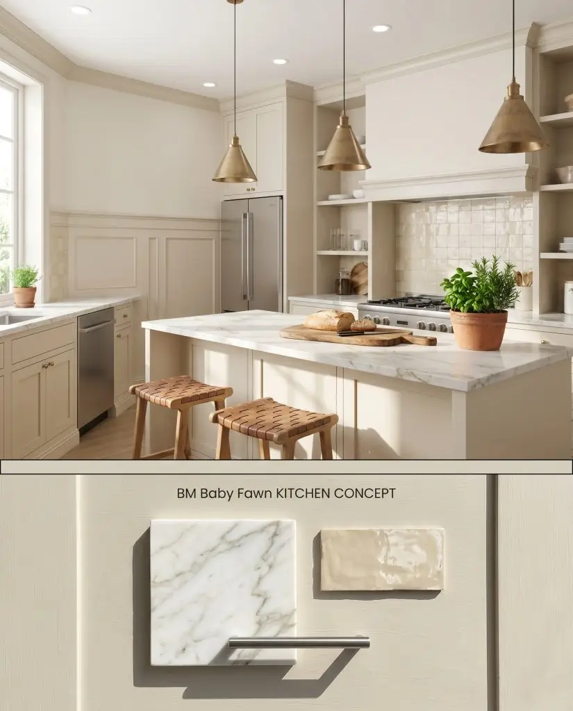 A split digital conceptual board for a kitchen highlighting greige-taupe lower cabinetry above a flat-lay of Calacatta marble, Zellige tile, and stainless steel.