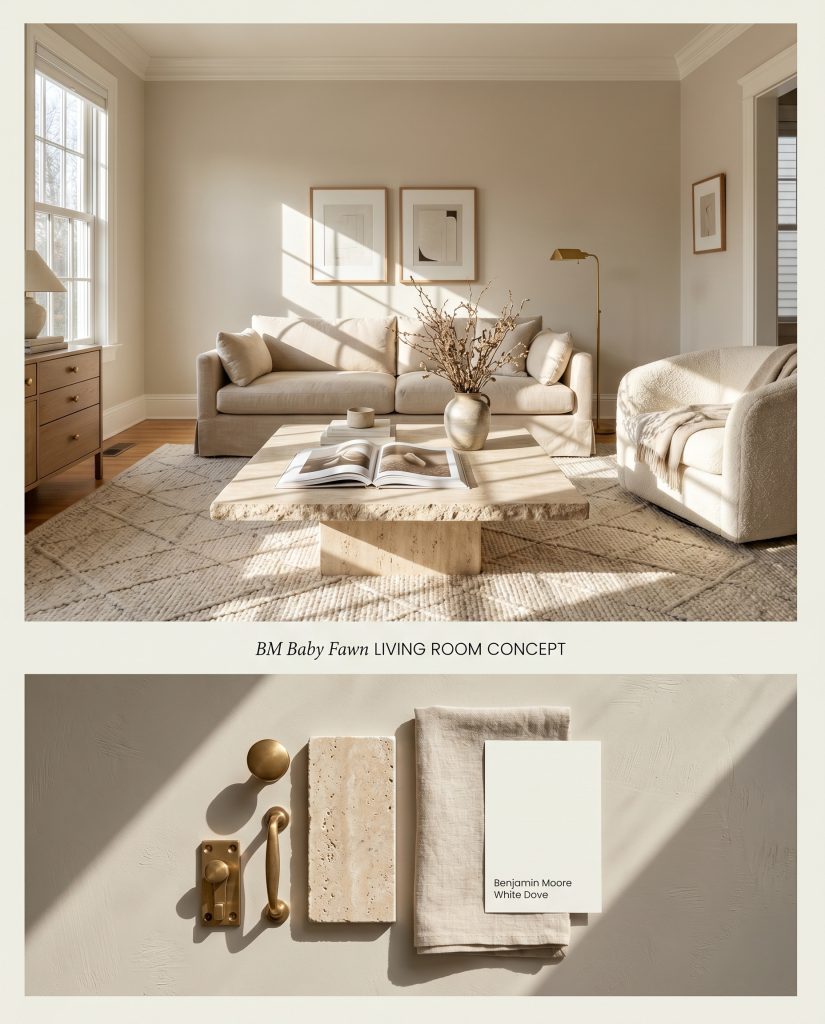 A split digital conceptual board for a living room showcasing a warm greige-taupe wall above a physical flat-lay of travertine, brass, and linen.