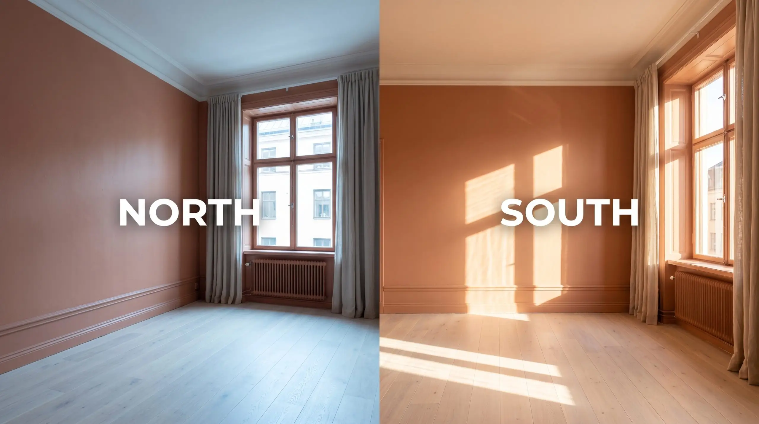 Smooth bedroom walls shift from a cool bluish hue in northern exposure to a radiant, mid-tone earthy orange under warm southern sunlight.