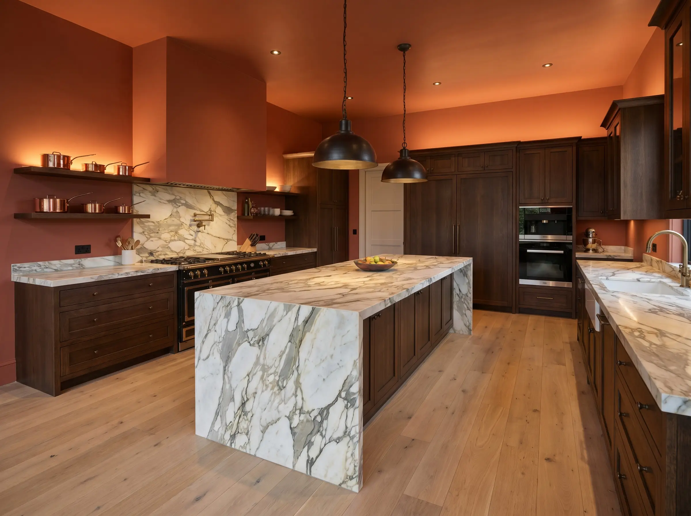 Heavily veined marble countertops on a central island contrast with Farrow & Ball Red Earth wall colors light oak flooring in this bespoke kitchen.