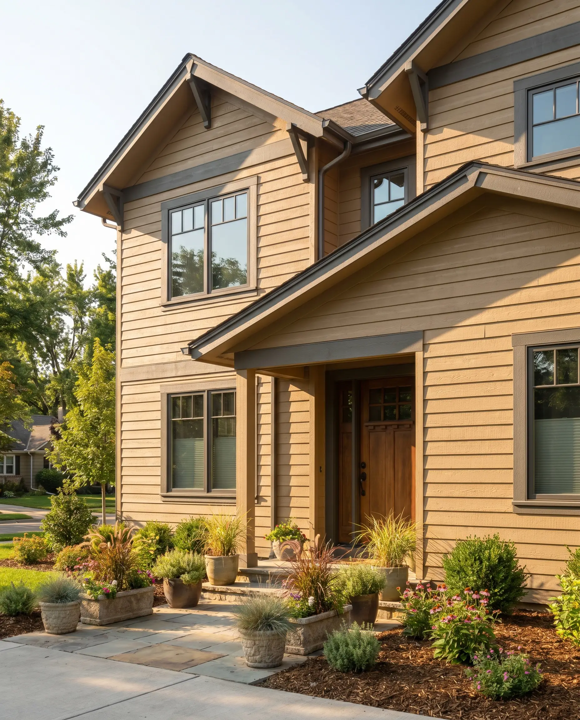 Rich baked sand tone wide-plank siding is complemented by deep charcoal trim and heavy bronze entry hardware on a highly tactile facade.