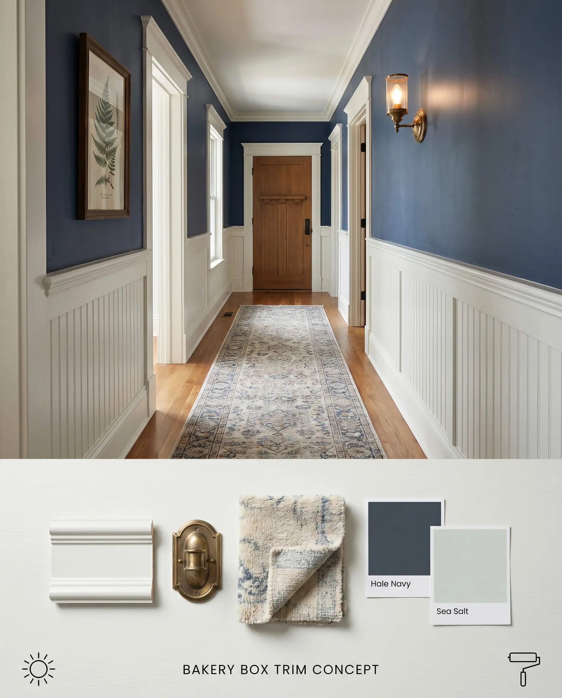 A split digital conceptual board for a modern Craftsman hallway, contrasting a high LRV off-white wainscoting against deep navy upper walls and a vintage brass sconce.