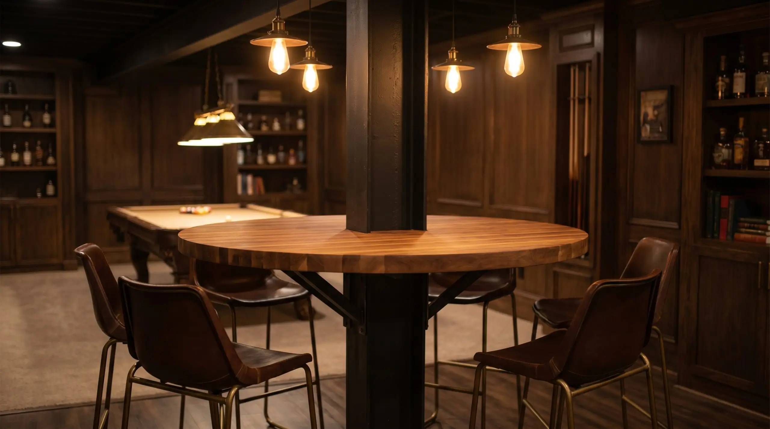 A solid butcher block floating bar counter wraps around a central interior column in a finished basement entertainment zone featuring ergonomic leather barstools.