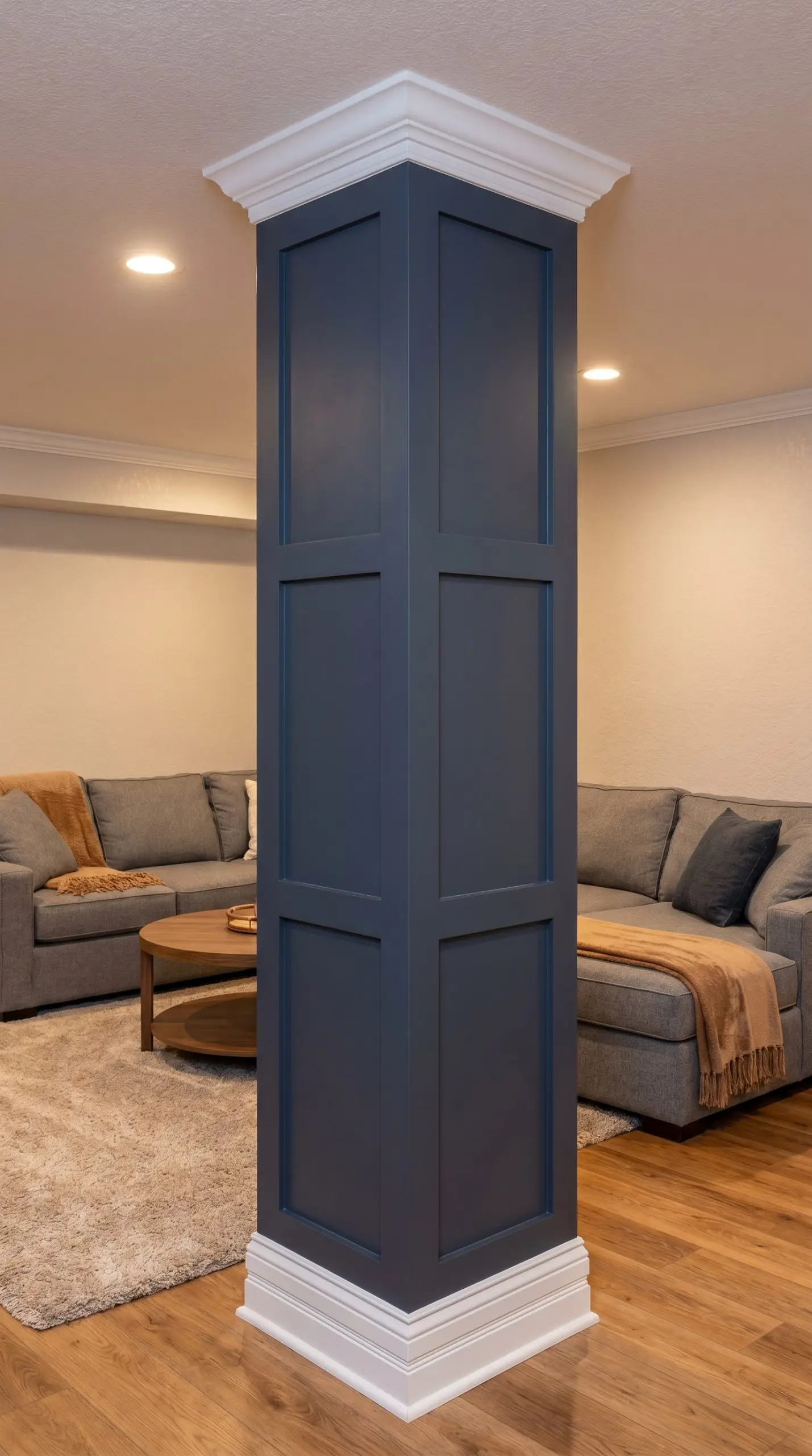 Smooth MDF boards form classic square Shaker-style paneling painted Hale Navy around a load-bearing column in a transitional finished basement with a gray sectional.