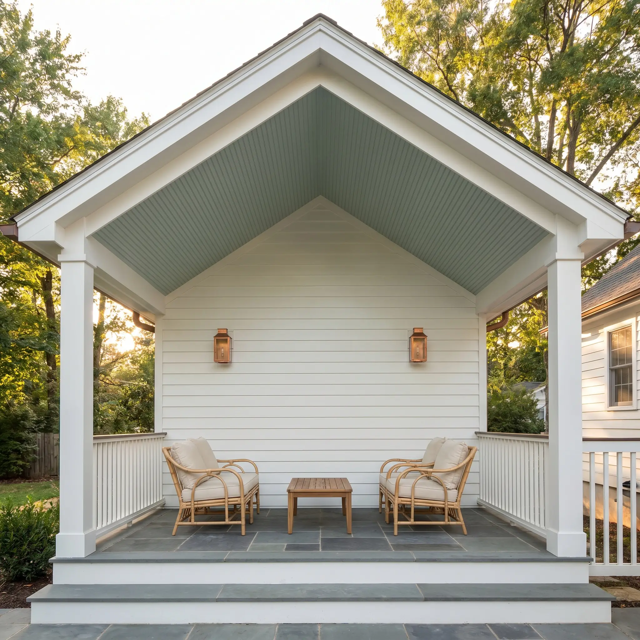Rattan lounge chairs and brushed copper wall lanterns frame a classic haint blue beadboard porch ceiling painted in Benjamin Moore Palladian Blue.