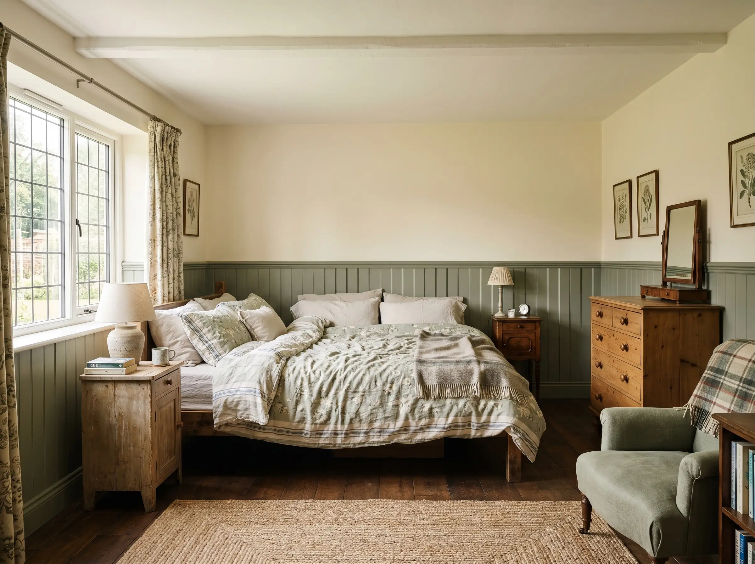 Deep sage green shaker-style beadboard wainscoting grounds the lower third of the wall below warm cream upper drywall and a lived-in bed.
