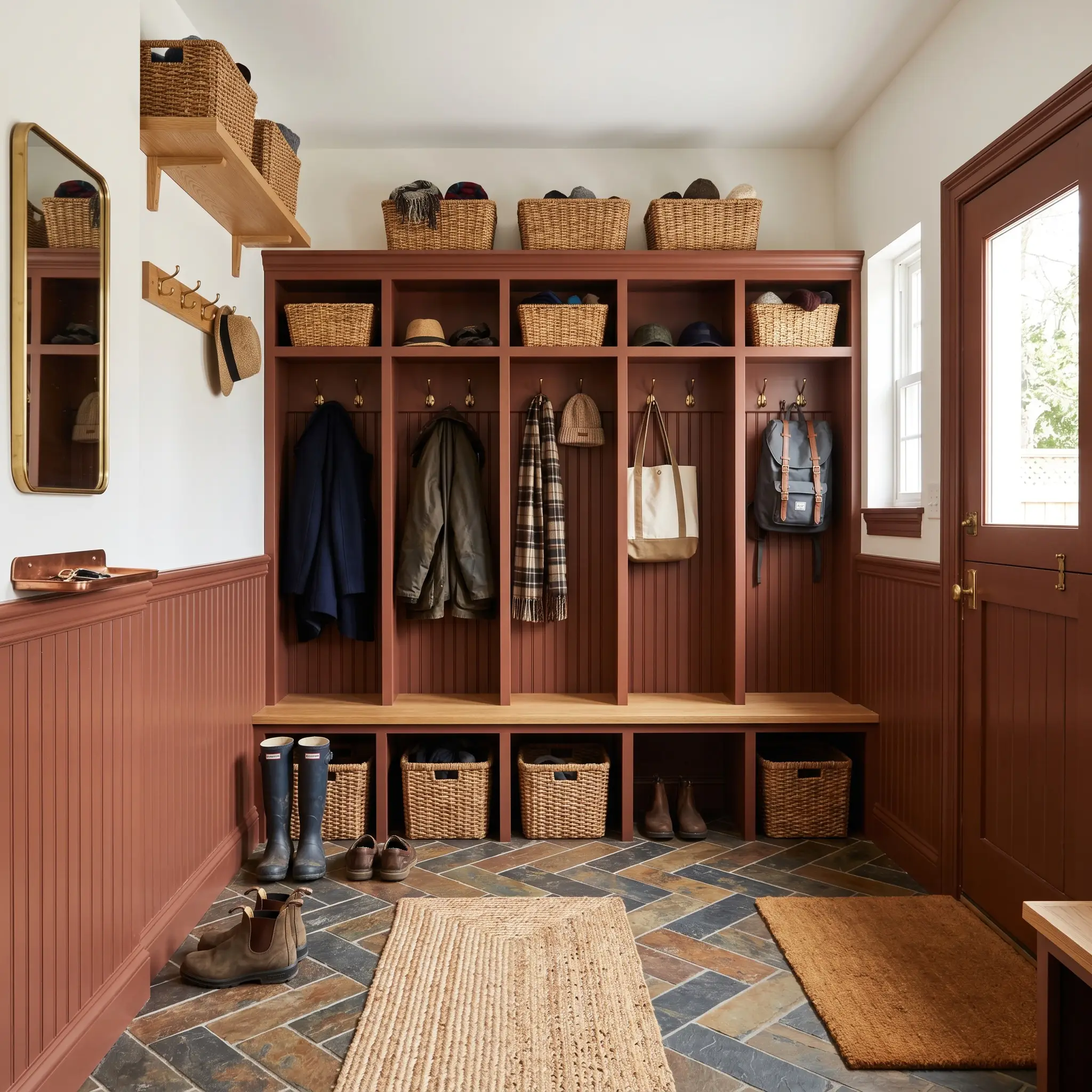 Built-in storage lockers and beadboard wainscoting painted in a dusty pink undertone pair with a durable slate tile floor and woven storage baskets.