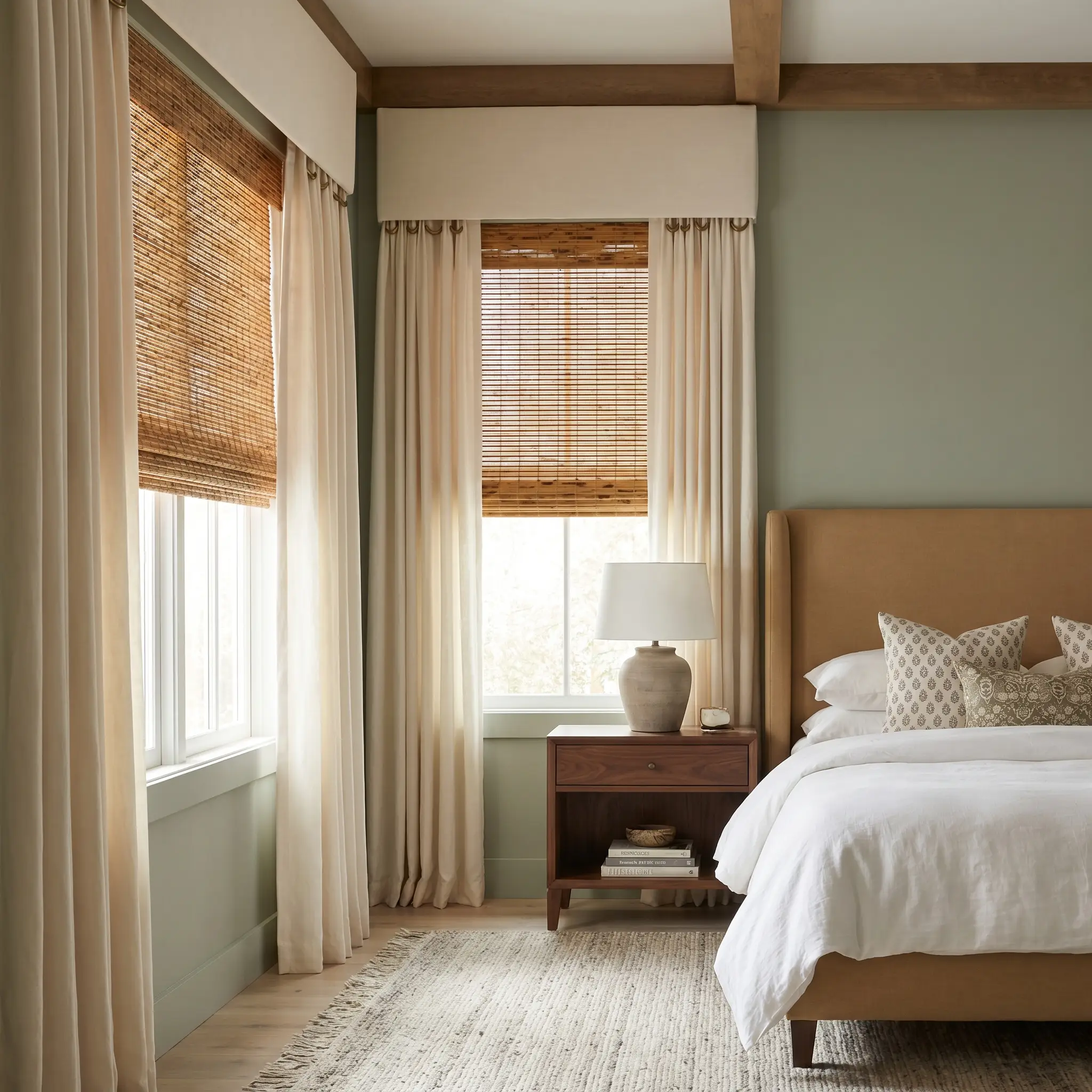 Tortoise woven wood shades sit beneath cream cotton drapery panels on a hidden ceiling track beside an upholstered headboard and warm wood nightstand.