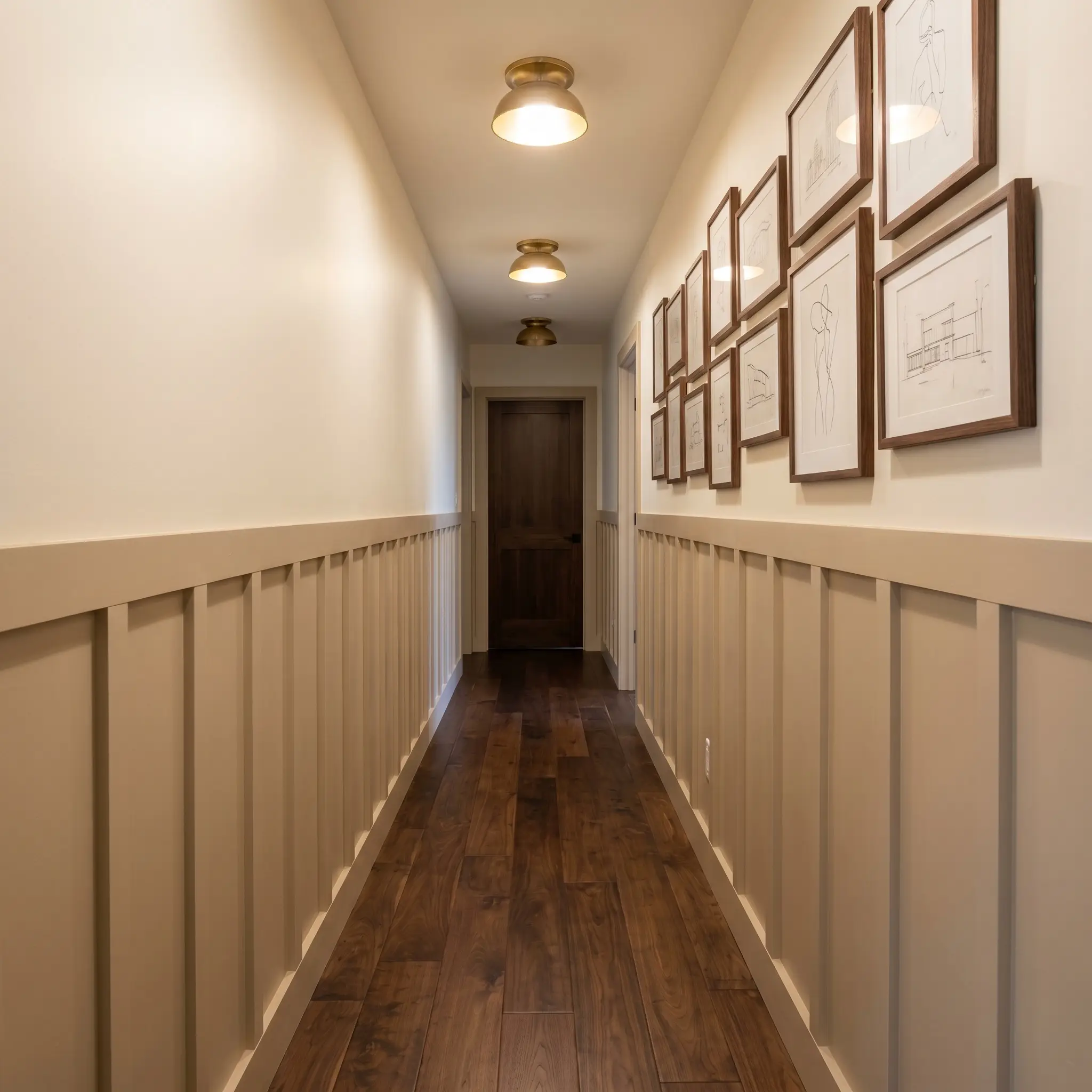 Lower board and batten millwork finished in a golden sepia tone anchors a hallway featuring dark walnut hardwood floors and an asymmetrical gallery wall.