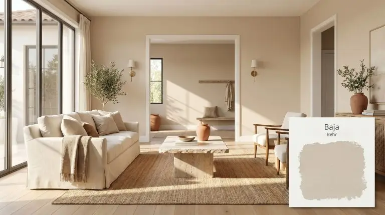 Natural rift-sawn white oak flooring and a plush ivory slipcovered sofa sit beneath walls painted in Behr Baja (Hex #d2c1a8) accompanied by unlacquered brass sconces.
