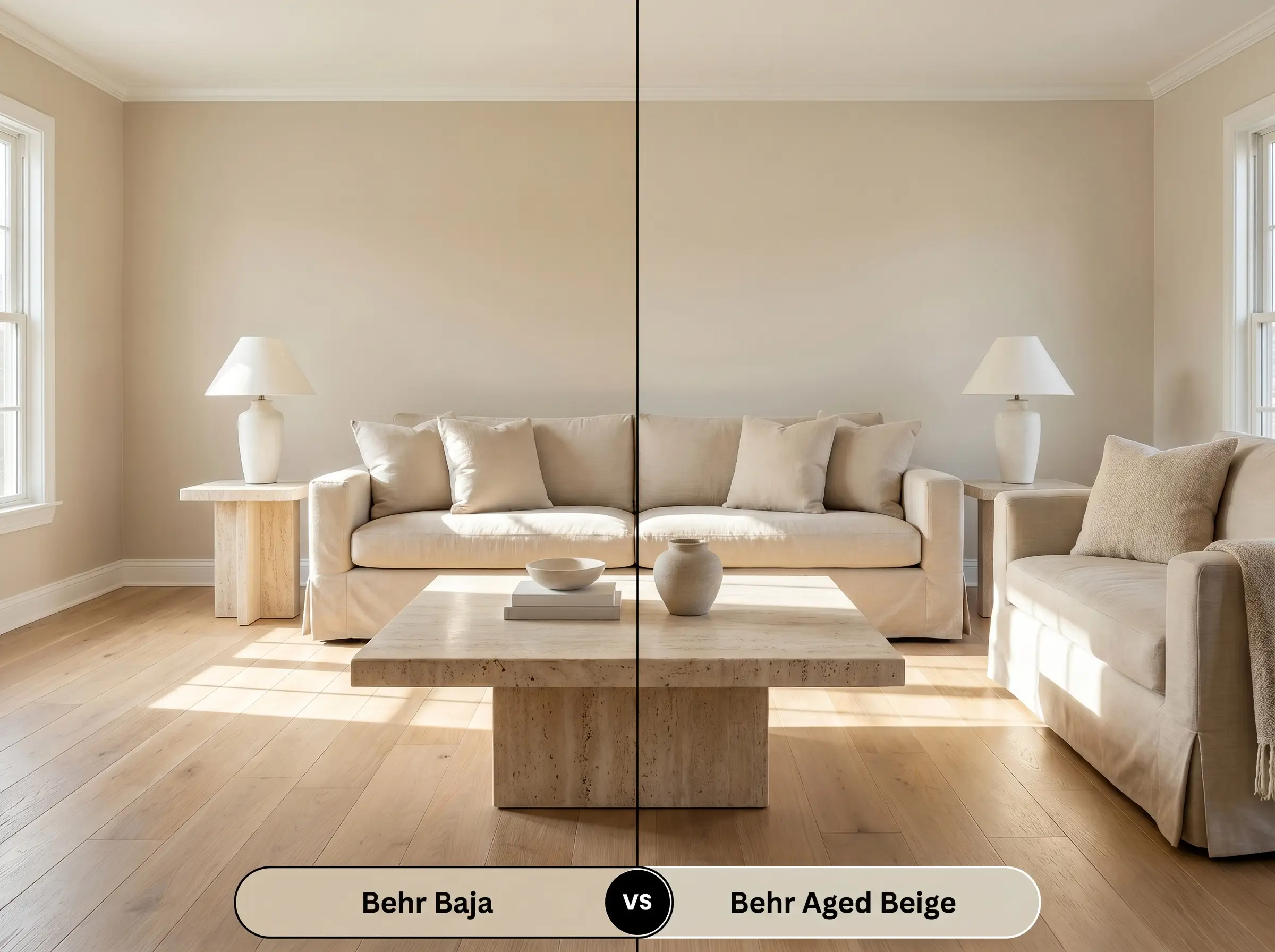 A side-by-side split-screen comparison of Behr Baja on the left and Behr Aged Beige on the right, shown in a living room featuring continuous white oak flooring.