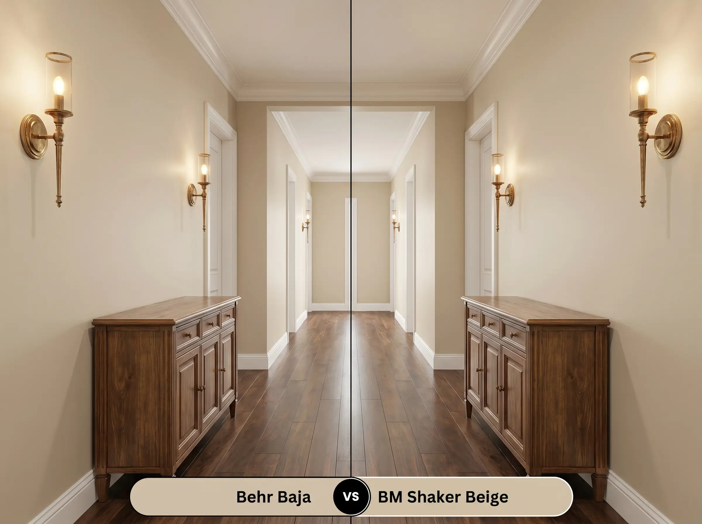 A side-by-side split-screen comparison of Behr Baja on the left and Benjamin Moore Shaker Beige on the right, shown in a transitional hallway with dark walnut floors.