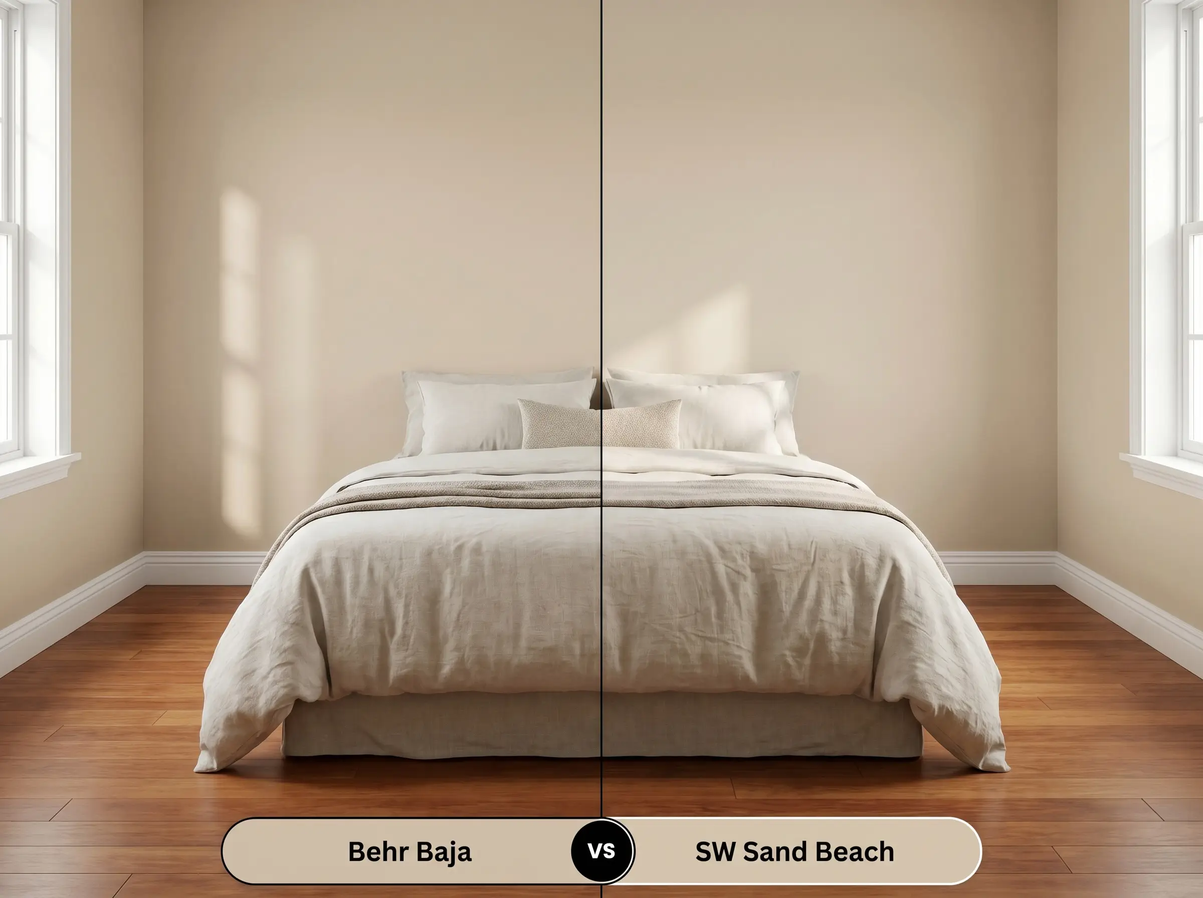 A side-by-side split-screen comparison of Behr Baja on the left and Sherwin-Williams Sand Beach on the right, shown in a bedroom with warm cherry wood flooring.