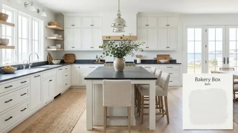 A photorealistic wide shot of a coastal kitchen featuring cabinets painted in Behr Bakery Box (Hex #F0F4F2), honed soapstone countertops, and bleached white oak flooring.