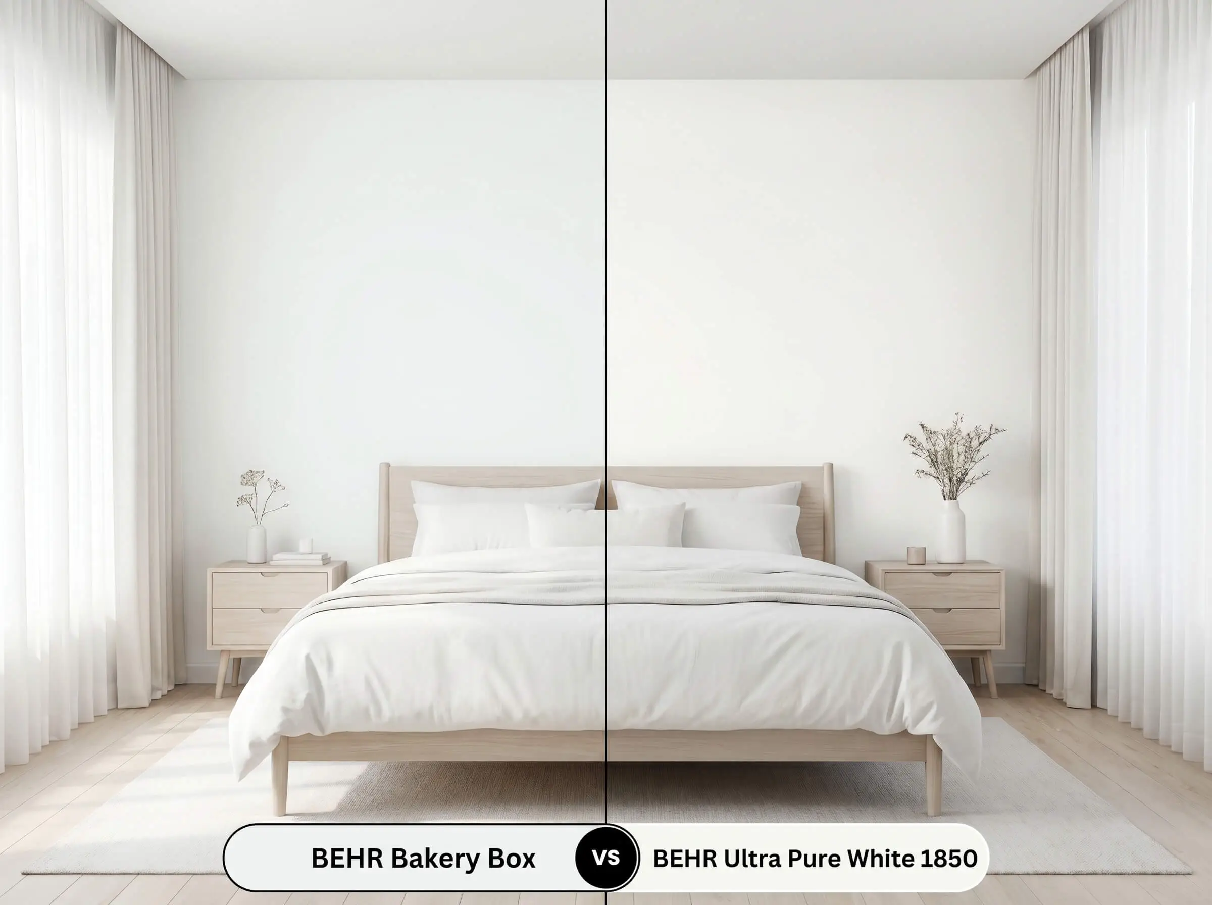 A split-screen comparison board for a stylized Nordic bedroom, showing Behr Bakery Box (Hex #F0F4F2) on the left and Behr Ultra Pure White on the right.