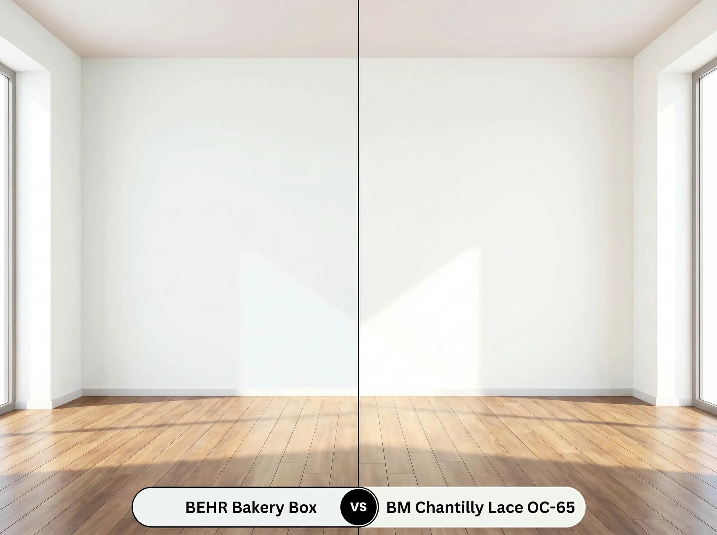 A split-screen comparison board for a bright gallery living room, contrasting Behr Bakery Box (Hex #F0F4F2) on the left against Benjamin Moore Chantilly Lace on the right.