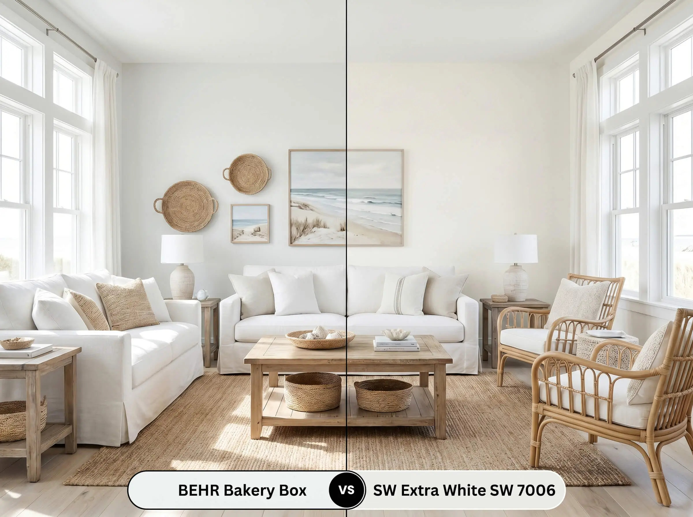 A split-screen comparison board for a coastal living space, featuring Behr Bakery Box (Hex #F0F4F2) on the left against Sherwin-Williams Extra White on the right.