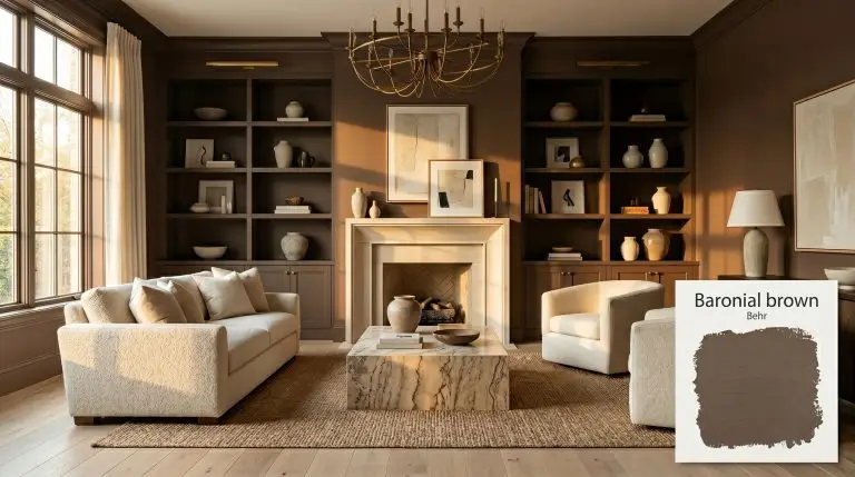 Custom built-in bookshelves and walls painted in Behr Baronial Brown (Hex #5a4840) frame a creamy off-white woven wool sofa and a heavily veined travertine coffee table.