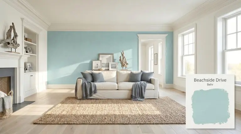 A photorealistic wide shot of a coastal living room featuring an accent wall painted in Behr Beachside Drive (Hex #ACDBDB) paired with bleached white oak flooring and a jute rug.