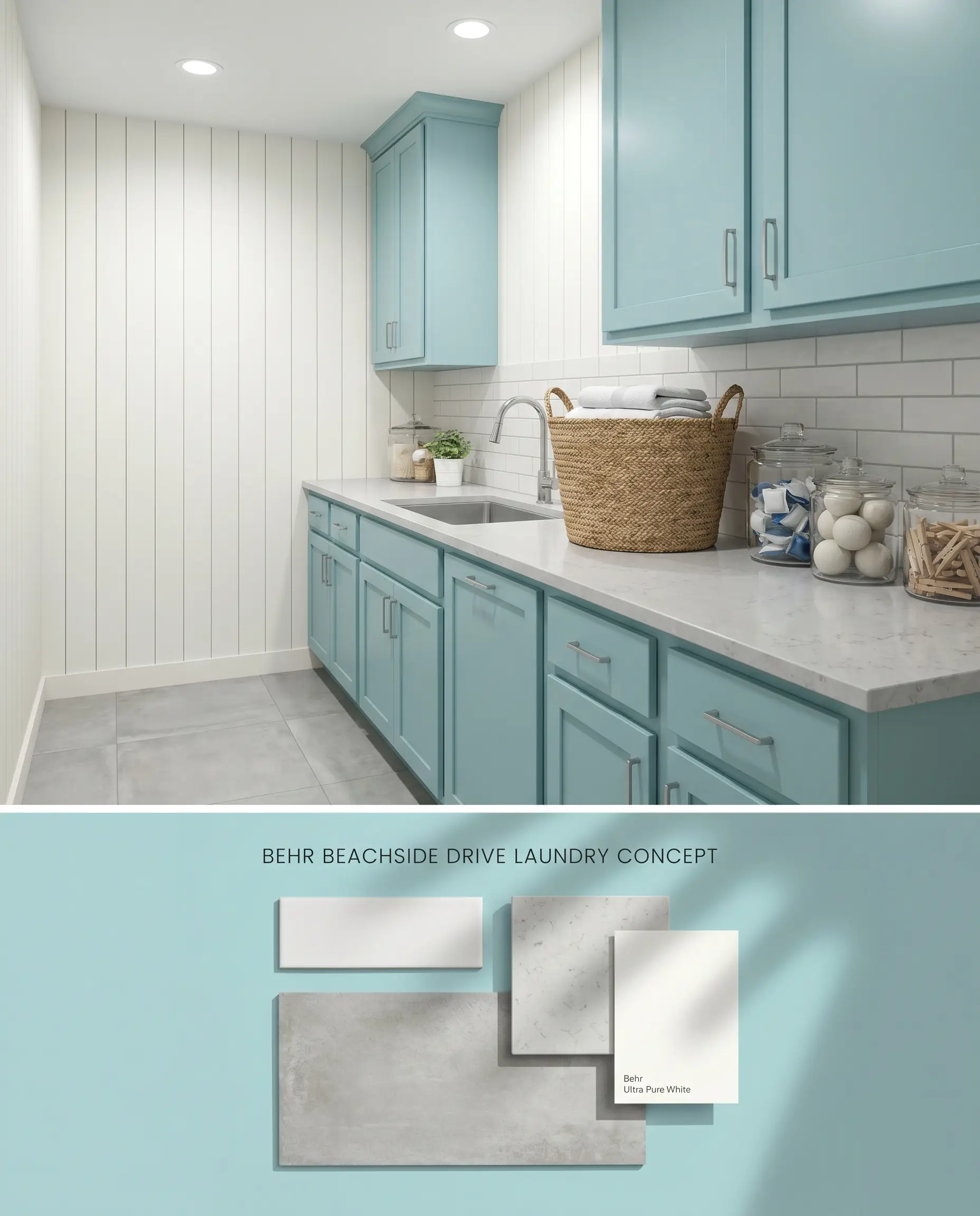 A split digital conceptual board for a utility space showing Behr Beachside Drive cabinetry on top, and flat-lay materials including matte white subway tile and light gray quartz below.