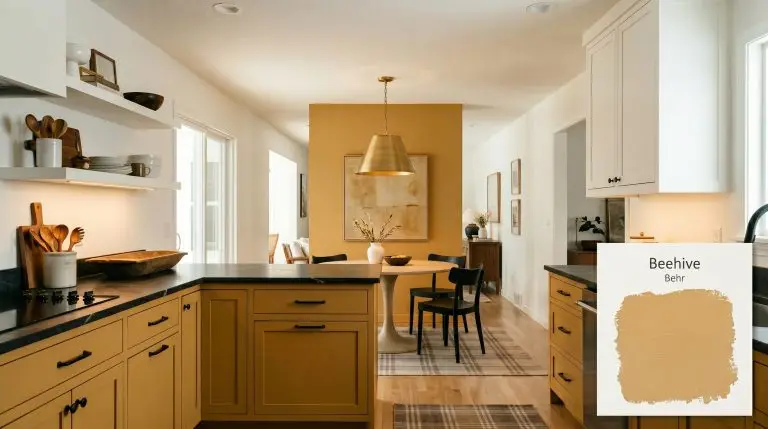 A modern eclectic open-plan kitchen features lower cabinets and a dining accent wall painted in Behr Beehive (Hex #e1b781) alongside a honed soapstone countertop.