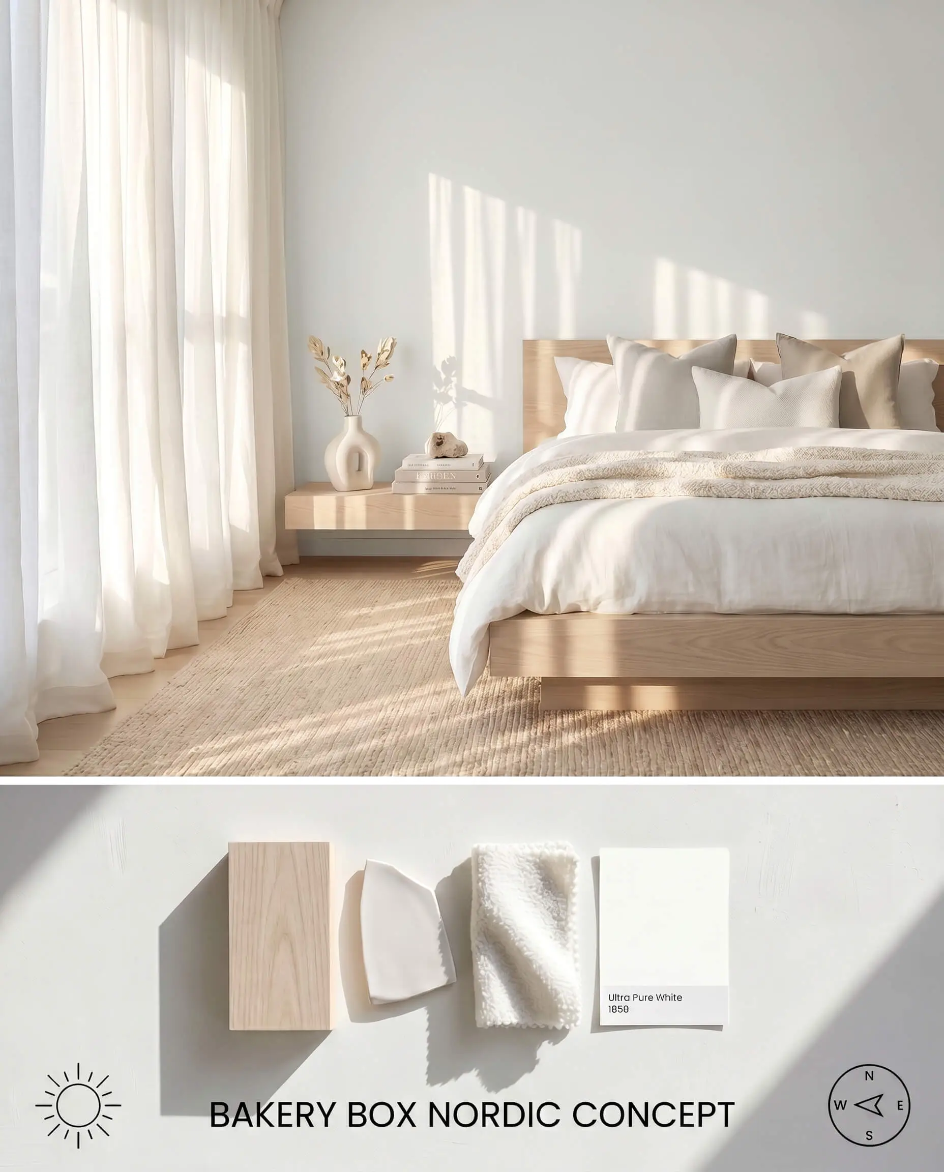 A split digital conceptual board for a minimalist bedroom, pairing a cool white architectural finish on the walls with a physical flat-lay of pale ash wood and white boucle.
