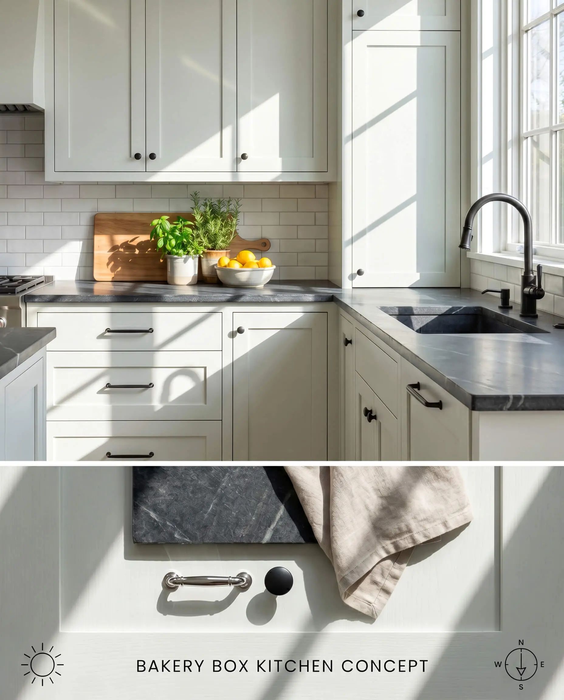 A split digital conceptual board for a sunlit kitchen, displaying a crisp neutral tone on upper cabinets above a physical flat-lay of charcoal soapstone and chrome hardware.