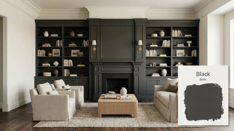Floor-to-ceiling built-in bookcases painted in Behr Black (Hex #3f3f3e) anchor a transitional living room featuring dark walnut flooring and unlacquered brass sconces.