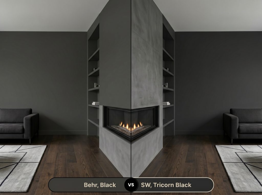 A side-by-side split-screen comparison of Behr Black on the left and Sherwin-Williams Tricorn Black on the right, shown in a modern living room with a minimalist sofa.