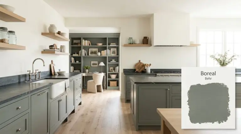 Honed soapstone countertops and white oak floating shelves anchor a transitional open-plan kitchen and study painted in Behr Boreal (Hex #717e73).