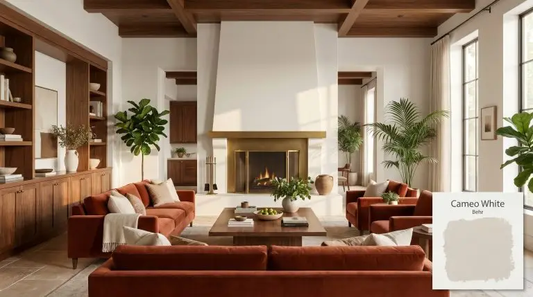 An open-concept living space painted in Behr Cameo White (Hex #ebe8e2) featuring rich walnut millwork, tumbled travertine floors, and deep terracotta velvet upholstery.
