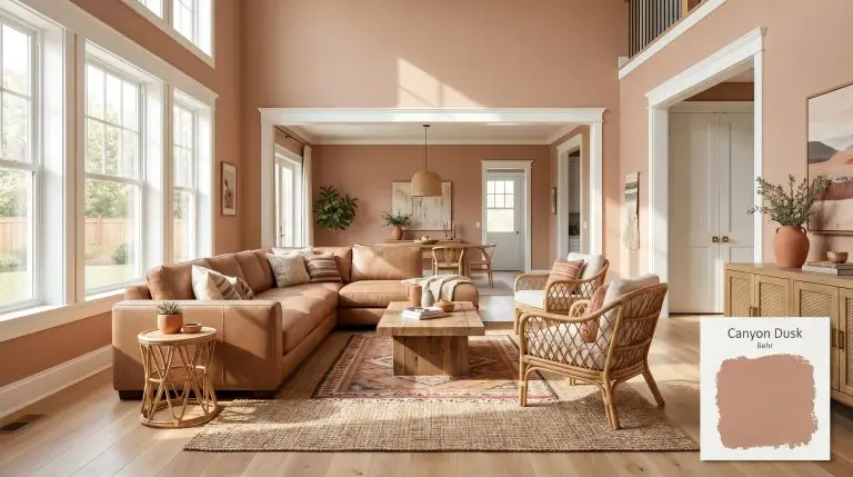 A spacious open-concept living room painted in Behr Canyon Dusk (Hex #C39C83), featuring natural wood floors, unlacquered brass hardware, and woven rattan furniture under bright Southern light.