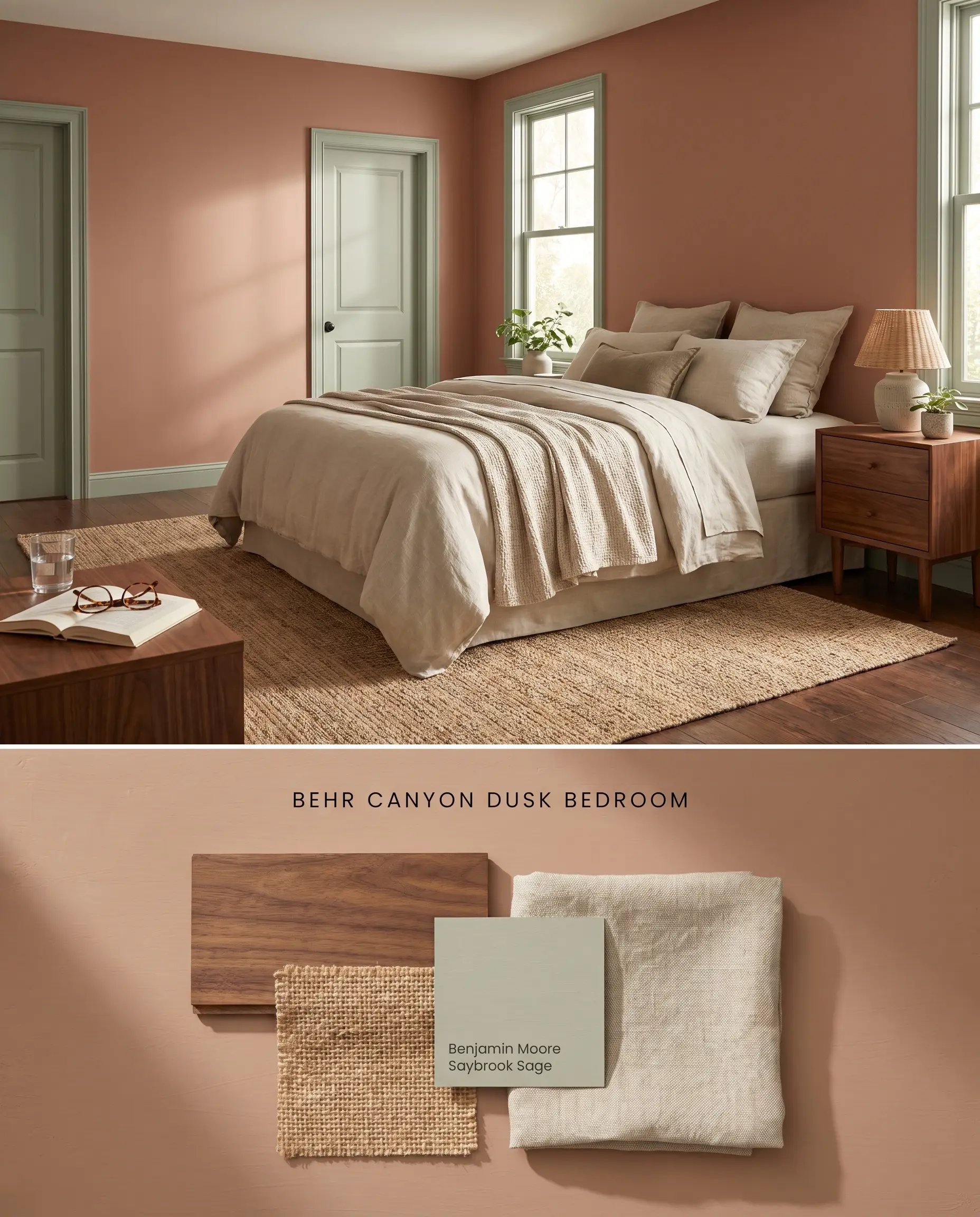 A split digital conceptual board featuring a Behr Canyon Dusk bedroom over a textured flat-lay of rich walnut wood, natural jute, and flax linen fabric swatches.