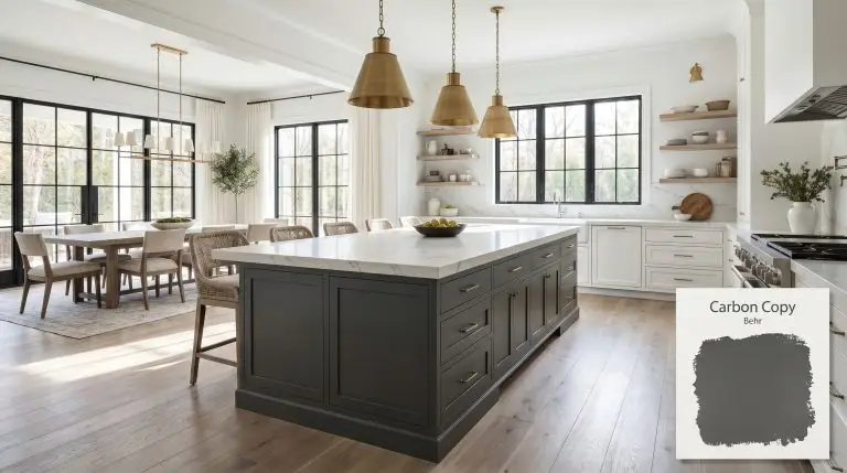 Expansive open-concept kitchen featuring a massive central island painted in Behr Carbon Copy (Hex #545554), contrasting bright white quartz countertops and bleached walnut floors.