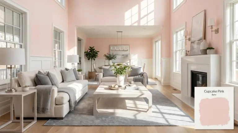 A photorealistic wide shot of an open-concept living space painted in Behr Cupcake Pink (Hex #f6d8d2), featuring a whitewashed ash coffee table, cream linen sofa, and crisp wainscoting.